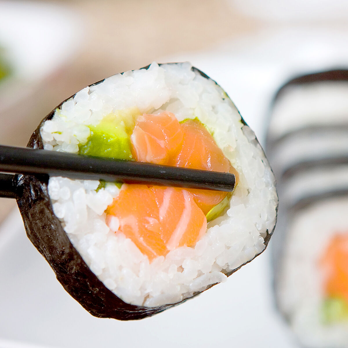5379316 - fresh japanese salmon sushi served on a white plate V0103086_4